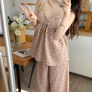 2'nd Pink 女性涼感花朵派對細肩帶睡衣上下套裝 718