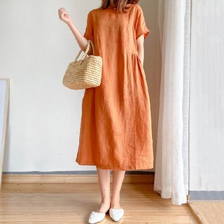 PEONIST 寬鬆Plus短袖長版連身裙 含大尺碼, 橘色