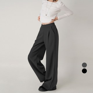 Cotton Closet 女款長版/短版刷毛打褶隱藏式鬆緊帶寬版直筒西裝褲