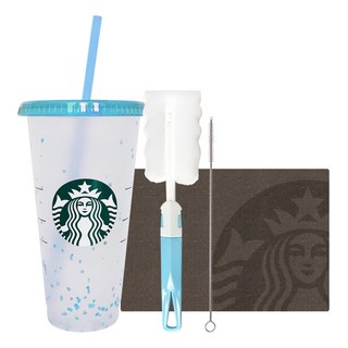 STARBUCKS 星巴克 夏季五彩紙屑變色可重複使用冷飲杯 + 清潔刷禮品組, 天藍色(冷飲杯), 隨機出貨(清潔刷), 710ml, 1套