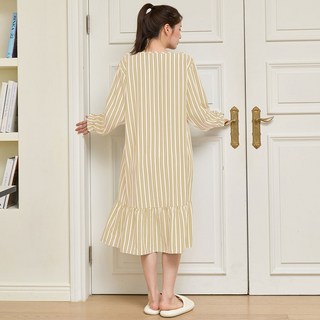 女款Tiffany圓領荷葉邊長袖條紋連身裙睡衣