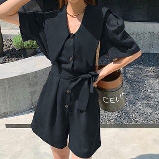 Paperments 奧黛麗大翻領綁帶短袖連身褲 10973