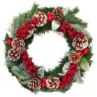 台製歐式優雅冬雪系小紅莓刷白松果質感聖誕花圈 福臨圈 14吋, 紅色系, 1個