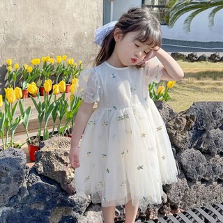 MK 女童奶油花朵紗質蕾絲刺繡連身裙