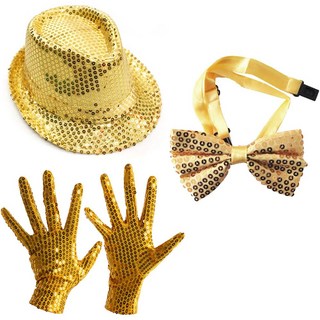 Partyshow 派對亮片手套 金色 雙手 + 亮片紳士帽 金色 + 豪華雙面金色領結 單一顏色 1組, 1套, 單色
