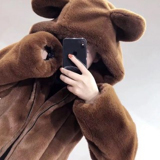 Goodif 女款毛絨立耳連帽寬鬆拉鍊外套