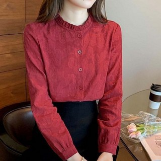 I'M MONG 女款修身高領荷葉邊泡泡袖長袖襯衫 R6S003