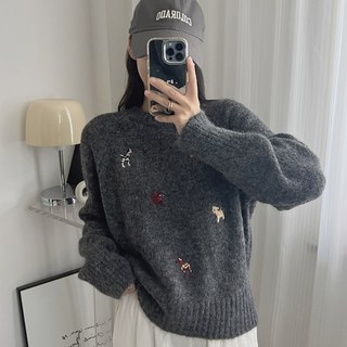 2'nd Pink 女款動物刺繡羊毛混紡圓領針織衫 #2485