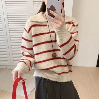 Raratina 女款Cielo條紋日常翻領長袖針織毛衣