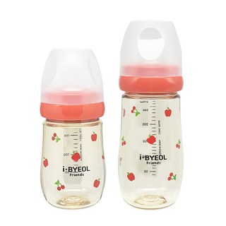 iBYEOL Friends 韓國製造 嬰幼兒用 PPSU 無奶嘴 蘋果櫻桃奶瓶 180ml + 270ml 套組 雙入組, 紅色