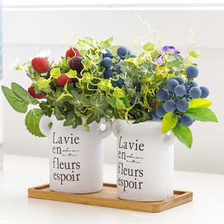 Happy Village 人造雙莓果花盆 2個 + 木製底座套組, 1組, 白色 + 原木色