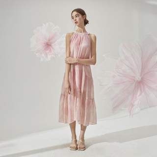VikiniVender 女款 Rendezvous 繞頸蝴蝶結層次長洋裝, 粉紅色