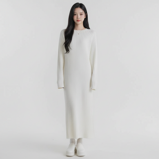 marketpia 女款寬鬆圓領羅紋長版連身裙, 米白色