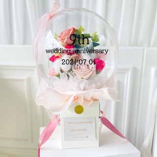 Lovely Farm 人造花 不會破裂的魔法花盒型 康乃馨花氣球 25cm + LED燈 + 零用錢夾 10入 + 刻字貼紙 紀念日組合, 粉紅色混色(花氣球)+黑色(週年紀念日款), 1個