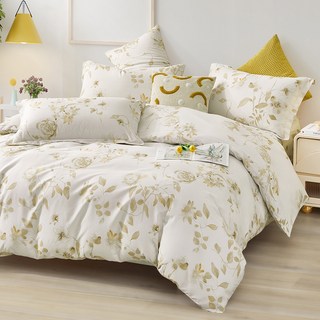 J-bedtime 床寢時光 台灣製絲柔棉被套床包組 雙人 葉影橘光, 被套 + 床包 + 枕頭套 2個