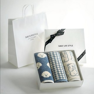 Maison de Cotton BLUEY 毛巾禮盒3件組 附提袋, 1組, 果凍藍+My Pur米色比熊犬+金貢格紋