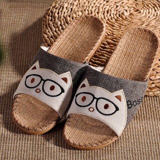 BonBon naturel 亞麻透氣室內防滑拖鞋 可愛貓咪 男款 灰色, M, 1雙