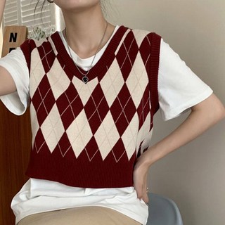 德普羅商務 女款復古菱格紋V領短版針織背心