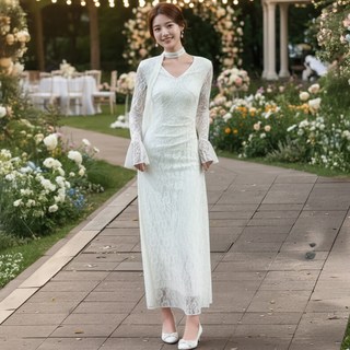 ViVEMO 純淨領巾蕾絲長洋裝 12394, 象牙白