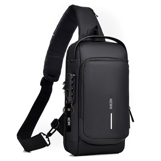 NEWN 男用日常斜背單肩包 + 鑰匙圈組合 KGV09, 黑色