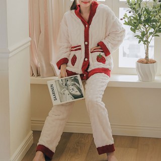 GLAM GONGGAM 女性莓果長袖絨毛兩件式睡衣上下套裝