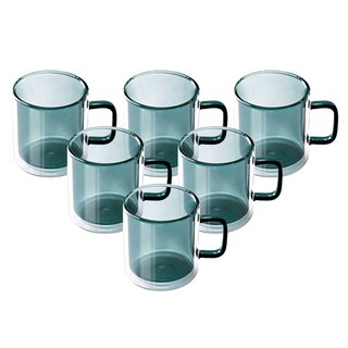 KALDIN 家用咖啡廳雙層耐熱玻璃杯雙層彩色馬克杯 400ml, 青色, 6個
