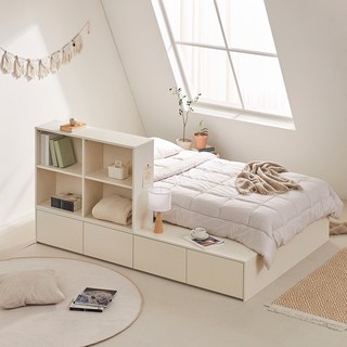 파운드 수납침대 Q 확장형 + 미니 책장 세트 방문설치, 크림