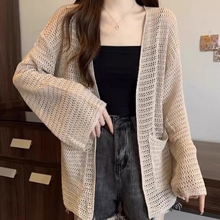 더플로우커머스 여성용 여름 펀칭 루즈핏 커버업 숄형 니트 가디건
