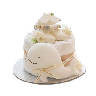 babybakery 嬰兒用可愛白鯨搖鈴單層尿布蛋糕 週歲, 白色 + 米色, 1個