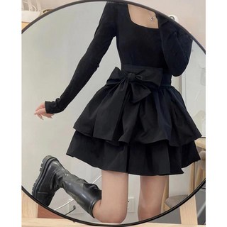Goodif 女款芭蕾風大蝴蝶結U領連身裙, 黑色