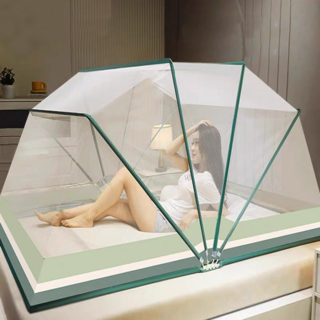 MUJI 無印良品 2024新款家用臥室免安裝可折疊防蚊罩蒙古包紋帳 適用1.5m床, 條紋綠