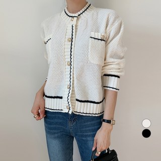 Mood in the 女款圓領雙口袋撞色花呢針織開襟衫