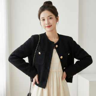 Goodif 女款高品質粗花呢風格短版針織外套式開襟衫