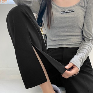 Goodif 女款開衩設計直筒後鬆緊帶釦環短版西裝褲