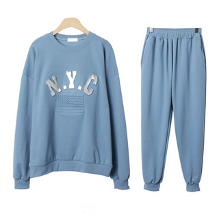 Planday 女款NYC浮雕字母大學T + 束口運動褲套裝