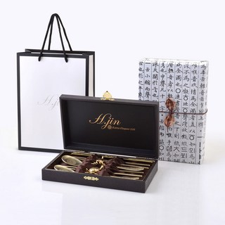 H.Jin 經典十長生餐具組 + 禮品包裝 + 提袋, 鈦金色, 1套, 鈦金餐具2人份 + 金龜筷架2入 + 收納盒