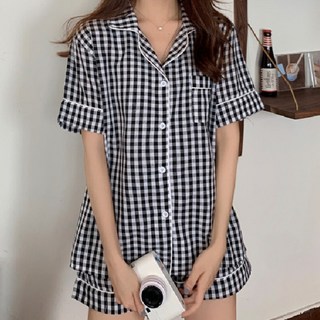 Eoliple 女款夏季格紋家居服短袖睡衣上下套裝