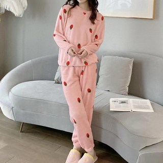 MarketA 女款草莓天鵝絨睡衣上下套裝
