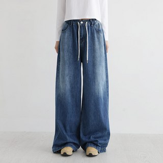 빼빼 여성용 오버드롭 루즈핏 스트링 밴딩 롱 와이드 데님 팬츠