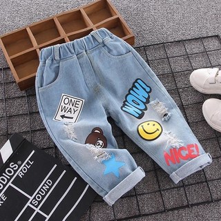 JOYMULTI 兒童復古印花丹寧鬆緊牛仔褲