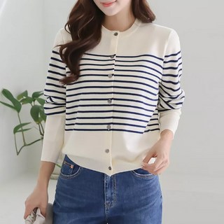 Vanessa Bean 女款美麗諾羊毛條紋圓領針織外套 v00476