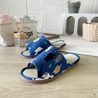 TAIWAN SLIPPER 台灣犀利趴 小日常 真草蓆室內拖鞋 貓咪晨會 藍色 L(28cm), 1雙