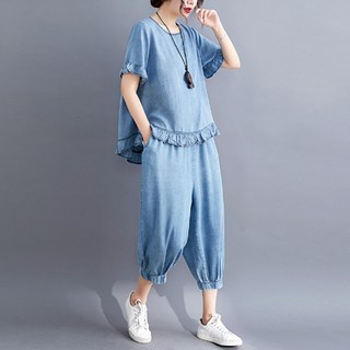 I'M MONG 女款大尺碼牛仔短袖T恤+長褲鬆緊褲套裝 Longji