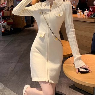 Chichills 奢華金色鈕扣羅紋針織連身裙 01418 T, 象牙白