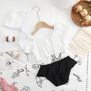 Uvely 女童 Gansuning 方領泡泡袖短版上衣 + 荷葉邊三角褲 + 帽子泳裝組