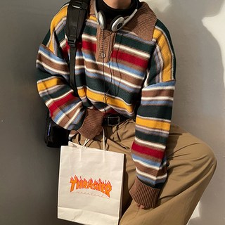 男士時尚潮流復古彩虹條紋可愛長袖翻領半開襟針織衫