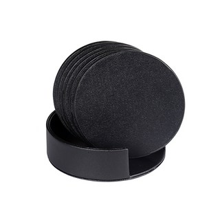 適合送禮的皮革杯墊 6入 + 收納盒套組, 圓形黑色