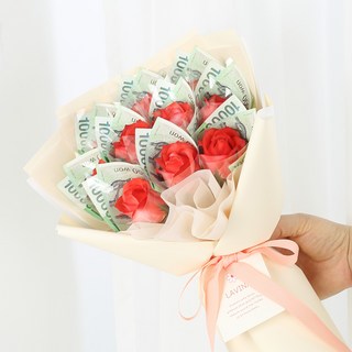 LAVINA 10朵香皂玫瑰鈔票花束 + 提袋組, 燕麥紅(花束), 1套