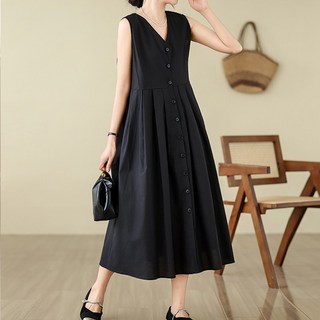 Queenis 女款寬鬆鈕扣設計無袖連身裙, 黑色