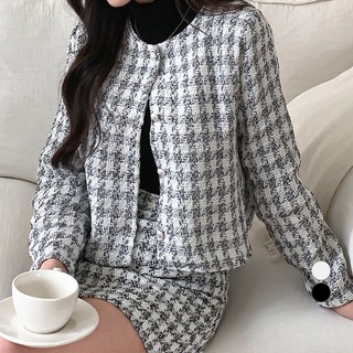 Better Sweet 女款珍珠鈕扣簡約粗花呢外套